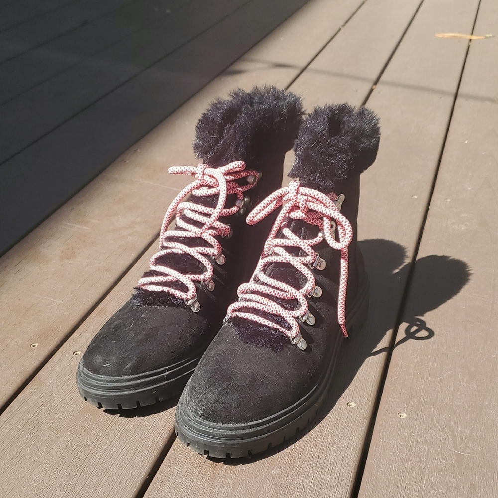 J. Crew Black Winter Boots with Pink Laces